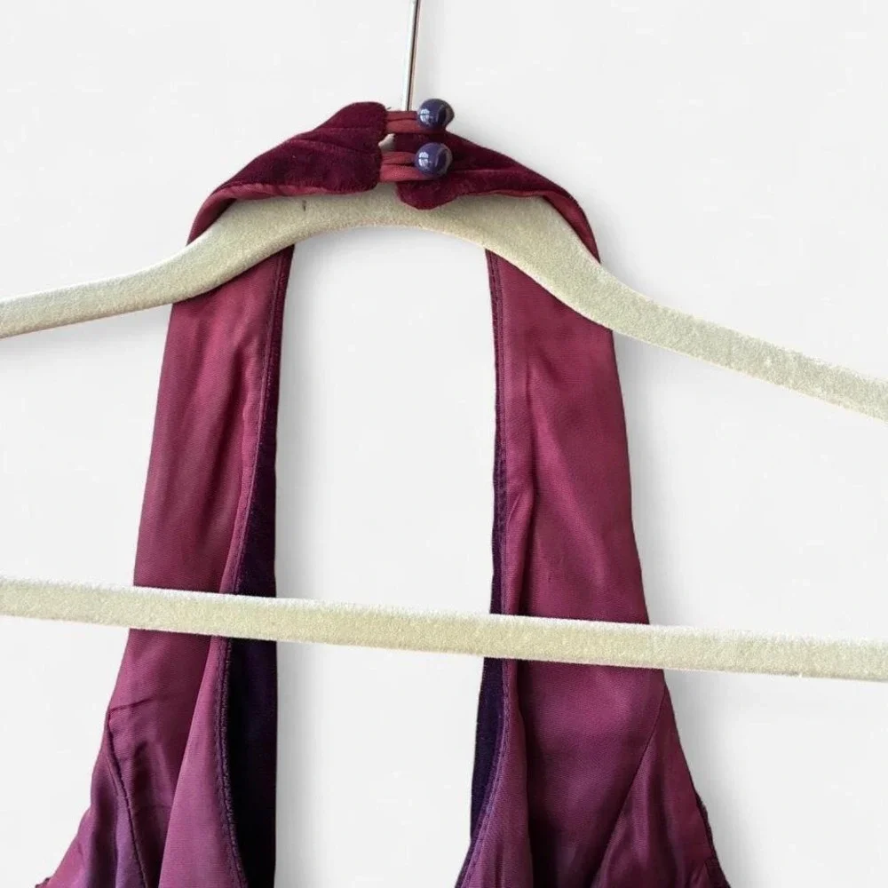 Vintage Y2K Style Navy blue & magenta velvet halter neck dress‎ w/ ruffle detail